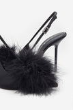 High Pitched Black Satin Sling Back Heels With Pom Poms