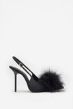 High Pitched Black Satin Sling Back Heels With Pom Poms