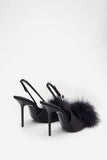 High Pitched Black Satin Sling Back Heels With Pom Poms