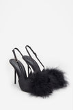 High Pitched Black Satin Sling Back Heels With Pom Poms