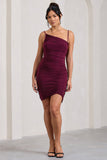 Brightest Burgundy Ruched Strappy Asymmetric Bodycon Mini Dress