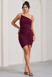 Brightest Burgundy Ruched Strappy Asymmetric Bodycon Mini Dress