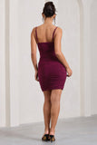 Brightest Burgundy Ruched Strappy Asymmetric Bodycon Mini Dress