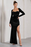 Moonlit Black Velvet Corset Long-Sleeved Split Maxi Dress