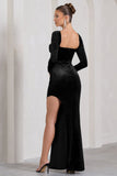 Moonlit Black Velvet Corset Long-Sleeved Split Maxi Dress