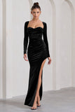 Moonlit Black Velvet Corset Long-Sleeved Split Maxi Dress