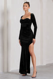 Moonlit Black Velvet Corset Long-Sleeved Split Maxi Dress