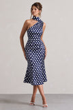 Golden Girl Navy Polka Dot Asymmetric High-Neck Flared Midi Dress