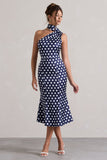 Golden Girl Navy Polka Dot Asymmetric High-Neck Flared Midi Dress