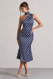Golden Girl Navy Polka Dot Asymmetric High-Neck Flared Midi Dress