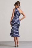 Golden Girl Navy Polka Dot Asymmetric High-Neck Flared Midi Dress