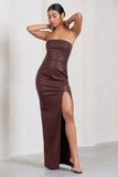 Marlene Burgundy Faux Leather Strapless Bandeau Split Maxi Dress