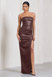 Marlene Burgundy Faux Leather Strapless Bandeau Split Maxi Dress