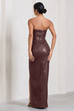 Marlene Burgundy Faux Leather Strapless Bandeau Split Maxi Dress
