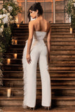 Topic Of Talk White Strapless Bandeau Wide-Leg Jumpsuit With Feather Trim