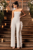 Topic Of Talk White Strapless Bandeau Wide-Leg Jumpsuit With Feather Trim