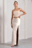 Champagne Showers Nude Satin Strapless Split Maxi Dress