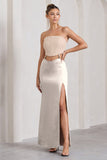 Champagne Showers Nude Satin Strapless Split Maxi Dress