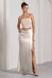 Champagne Showers Nude Satin Strapless Split Maxi Dress
