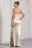 Champagne Showers Nude Satin Strapless Split Maxi Dress
