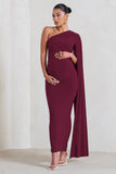 Amaryllis Burgundy Maternity One Shoulder Maxi Dress with Cape Sleeve