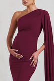 Amaryllis Burgundy Maternity One Shoulder Maxi Dress with Cape Sleeve