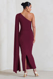 Amaryllis Burgundy Maternity One Shoulder Maxi Dress with Cape Sleeve