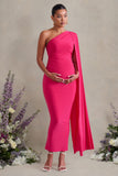 Amaryllis Hot Pink Maternity One Shoulder Maxi Dress with Cape Sleeve