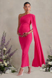 Amaryllis Hot Pink Maternity One Shoulder Maxi Dress with Cape Sleeve