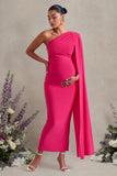 Amaryllis Hot Pink Maternity One Shoulder Maxi Dress with Cape Sleeve