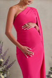 Amaryllis Hot Pink Maternity One Shoulder Maxi Dress with Cape Sleeve