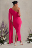 Amaryllis Hot Pink Maternity One Shoulder Maxi Dress with Cape Sleeve
