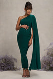 Amaryllis Bottle Green Maternity One Shoulder Maxi Dress with Cape Sleeve