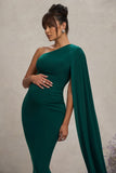 Amaryllis Bottle Green Maternity One Shoulder Maxi Dress with Cape Sleeve
