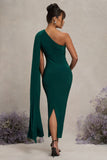Amaryllis Bottle Green Maternity One Shoulder Maxi Dress with Cape Sleeve
