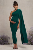 Amaryllis Bottle Green Maternity One Shoulder Maxi Dress with Cape Sleeve