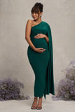 Amaryllis Bottle Green Maternity One Shoulder Maxi Dress with Cape Sleeve