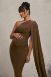 Amaryllis Chocolate Maternity One Shoulder Maxi Dress with Cape Sleeve