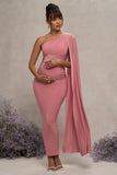 Amaryllis Blush Pink Maternity One Shoulder Maxi Dress with Cape Sleeve