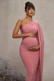 Amaryllis Blush Pink Maternity One Shoulder Maxi Dress with Cape Sleeve