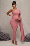 Amaryllis Blush Pink Maternity One Shoulder Maxi Dress with Cape Sleeve
