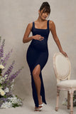 Avril Navy Square Neck Maternity Maxi Dress with Split