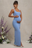 Avril Powder Blue Square Neck Maternity Maxi Dress with Split