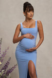 Avril Powder Blue Square Neck Maternity Maxi Dress with Split