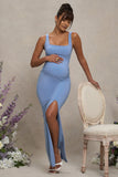 Avril Powder Blue Square Neck Maternity Maxi Dress with Split