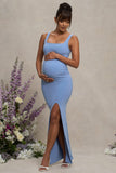 Avril Powder Blue Square Neck Maternity Maxi Dress with Split