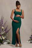 Avril Bottle Green Square Neck Maternity Maxi Dress with Split