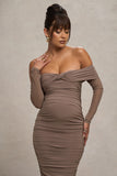 Neva Mocha Bardot Twist Maternity Midi Dress