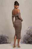 Neva Mocha Bardot Twist Maternity Midi Dress