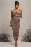 Neva Mocha Bardot Twist Maternity Midi Dress